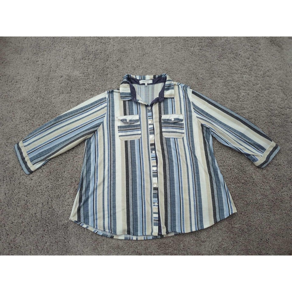 Eden & Olivia Button Up Shirt Womens 2X PLUS Blue Vertical Striped Poly‎ Classic